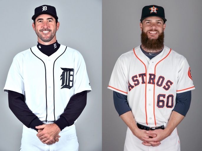 Headshots for Justin Verlander and Dallas Keuchel are placed next to each other.