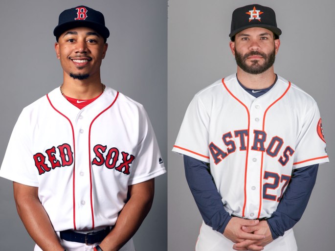 Headshots for Mookie Betts and Jose Altuve are nex tto each other.